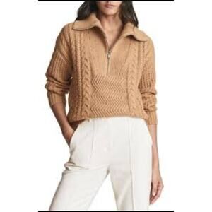 Reiss Alexis Camel Cable Knit Half Zip Sweater Size Small Wool Blend EUC